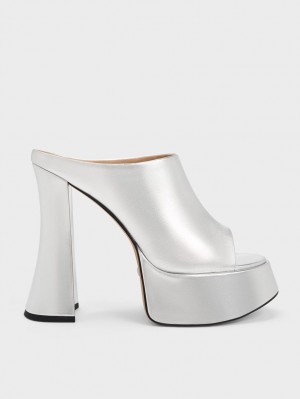 Mules Charles & Keith Delphine Piele Metallic Platforma Argintii | 691DYTCGR