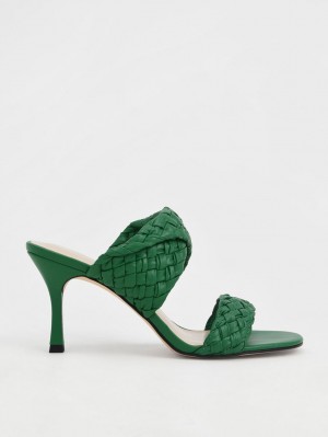 Mules Charles & Keith Double Curea Woven Toc Verzi | 714ZIVKYA