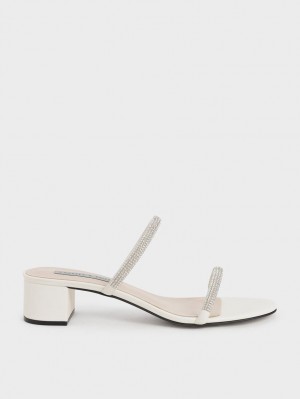 Mules Charles & Keith Gem-Encrusted Cu Bretele Toc Albi | 234QCBLME