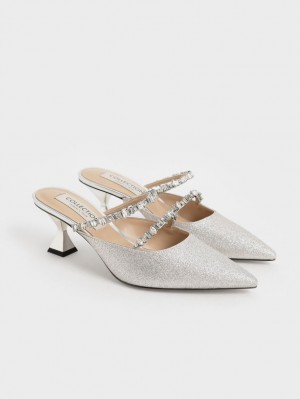 Mules Charles & Keith Gem-Encrusted Metallic Glittered Argintii | 840DAPIXS