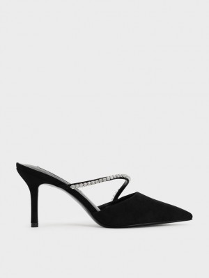 Mules Charles & Keith Gem-Encrusted Textured Stiletto Negrii | 073SCAFUJ