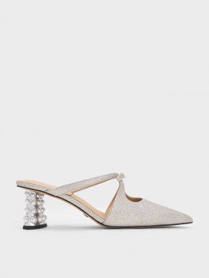 Mules Charles & Keith Jacinda Beaded Heel Glittered Bow Argintii | 742BSFNZT