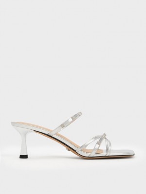 Mules Charles & Keith Square Crystal-Embellished Metallic Piele Toc Argintii | 612HZBVWD