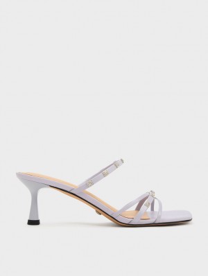 Mules Charles & Keith Square Crystal-Embellished Metallic Piele Toc Violet | 198JHUITM