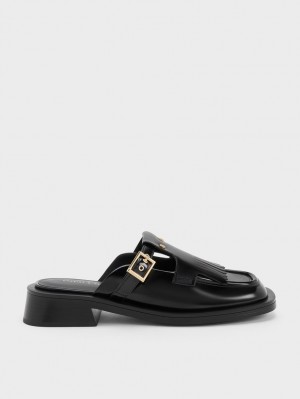Mules Charles & Keith Studded Cut-Out Fringe Negrii | 716MLDNUO