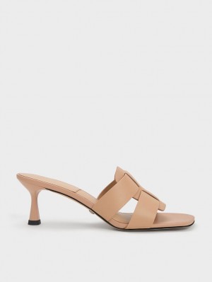 Mules Charles & Keith Trichelle Interwoven Piele Spool Heel Bej | 758VSFAXM