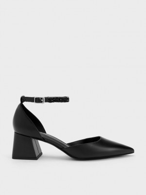 Pumps Charles & Keith Beaded Ankle-Curea D'Orsay Negrii | 918HIXYQR