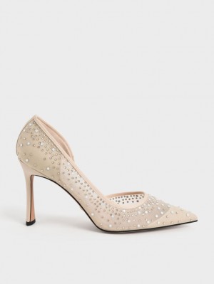 Pumps Charles & Keith Blythe Mesh Embellished Half-D'Orsay Bej | 659WXLKYB