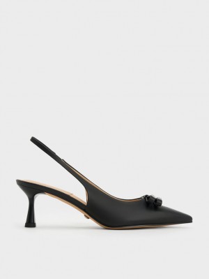 Pumps Charles & Keith Bow Crystal-Embellished Piele Slingback Negrii | 853BEFLRS
