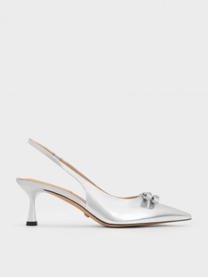 Pumps Charles & Keith Bow Crystal-Embellished Metallic Piele Slingback Argintii | 915ELPSJI