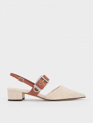 Pumps Charles & Keith Buckled Curea Linen Slingback Bej | 630TXZQLD
