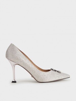 Pumps Charles & Keith Glitter Gem-Embellished Argintii | 962IRBTSV