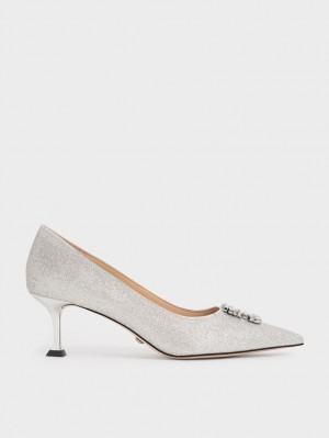 Pumps Charles & Keith Glittered Gem-Embellished Kitten Heel Argintii | 581SMAGOP