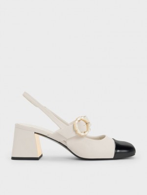 Pumps Charles & Keith Lacuita Two-Tone Pearl Cu Catarama Slingback Albi | 845HURMZX