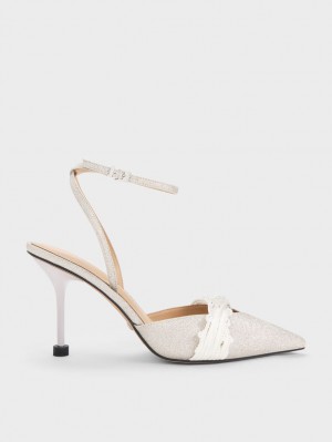 Pumps Charles & Keith Leda Beaded Glittered Ankle-Curea Argintii | 402UTDIRP