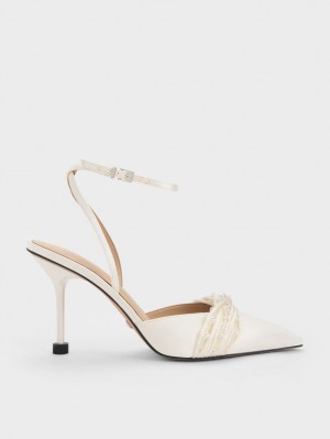 Pumps Charles & Keith Leda Beaded Satin Ankle-Curea Albi | 657MFGSAY