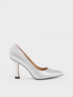 Pumps Charles & Keith Metallic Piele Flare Heel Argintii | 083LHBQDO