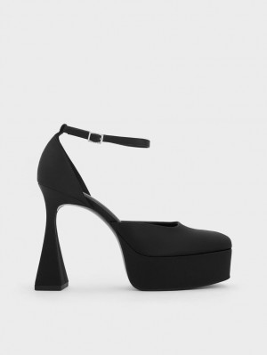 Pumps Charles & Keith Recycled Polyester Flare Heel D'Orsay Negrii | 306BFMXYS