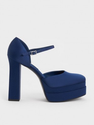 Pumps Charles & Keith Satin Platforma D'Orsay Albastri Inchis | 610LKMBCX