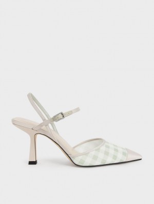 Pumps Charles & Keith Satin & Check-Print Fabric Ankle-Curea Verzi Deschis | 082OTRKZW