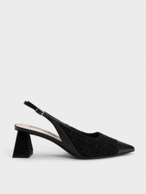 Pumps Charles & Keith Tweed Bombeu Cap Slingback Negrii | 961AYKFJN