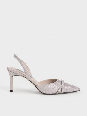 Pumps Charles & Keith Twist Detail Glittered Slingback Argintii | 047ABNUJY