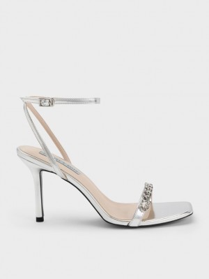 Sandale Cu Curea Charles & Keith Chain-Embellished Metallic Ankle Argintii | 123GHLTWF