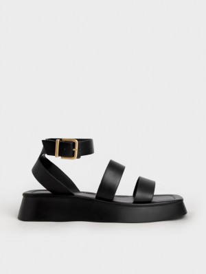 Sandale Cu Curea Charles & Keith Square Bombeu Ankle Negrii | 480TECISY
