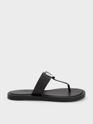 Sandale Plate Charles & Keith Gabine Piele Tanga Negrii | 049DAVOJW
