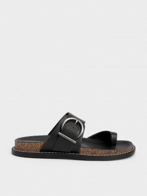 Sandale Plate Charles & Keith Metallic Cu Catarama Bombeu-Ring Negrii | 451NVEKYC