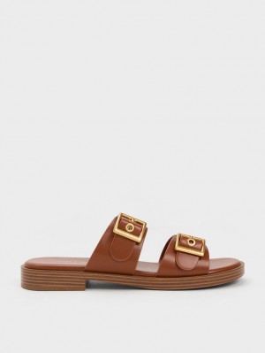 Sandale Slide Charles & Keith Buckled Double Curea Maro | 628DCXGMS