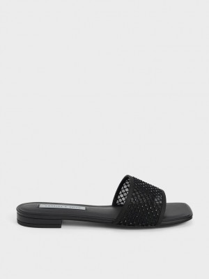 Sandale Slide Charles & Keith Gem-Encrusted Mesh Negrii | 146BHMWGY