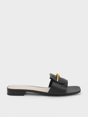 Sandale Slide Charles & Keith Knotted Accent Negrii | 637ZLOQBX
