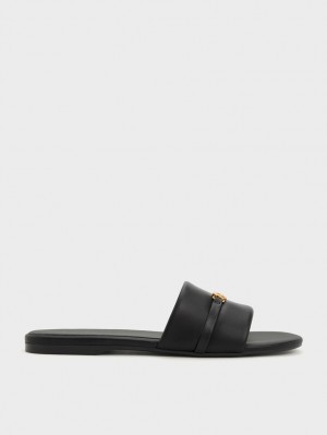 Sandale Slide Charles & Keith Metallic Accent Round-Bombeu Negrii | 862UHLTVC