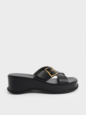 Sandale cu Platforma Charles & Keith Buckled Crossover Negrii | 192QFYLSD