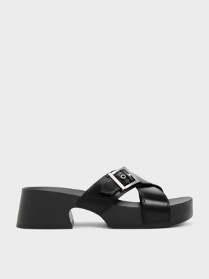 Sandale cu Platforma Charles & Keith Buckled Crossover Negrii | 832QWUJAC