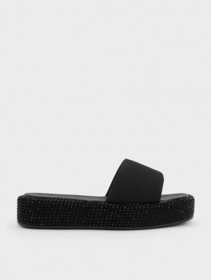 Sandale cu Platforma Charles & Keith Crystal-Embellished Nailon Negrii | 637WCMDSV