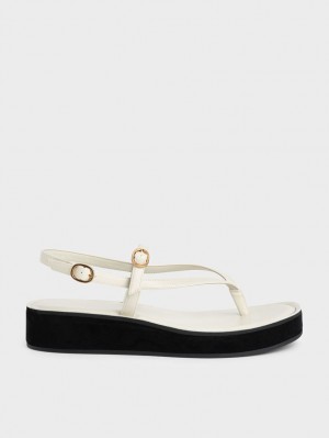 Sandale cu Platforma Charles & Keith Cu Bretele Flatform Tanga Albi | 537EHTXMB
