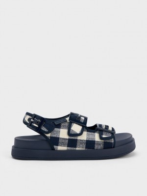 Sandale cu Platforma Charles & Keith Della Gingham Buckled Albastri Inchis | 018GLMPVC