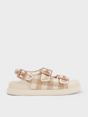 Sandale cu Platforma Charles & Keith Della Gingham Buckled Bej | 368LOHSFM