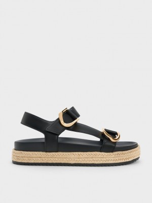 Sandale cu Platforma Charles & Keith Gabine Piele Espadrile Negrii | 789RJLBIV