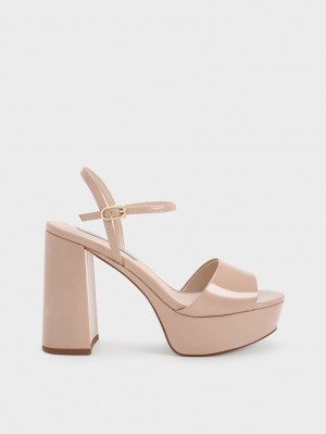 Sandale cu Platforma Charles & Keith Halle Peep-Bombeu Lacuita Bej | 924QCHGRZ