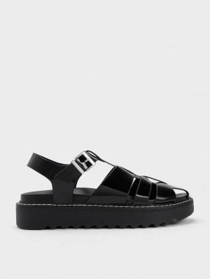 Sandale cu Platforma Charles & Keith Interwoven Lacuita Buckled Negrii | 732ODVBFN