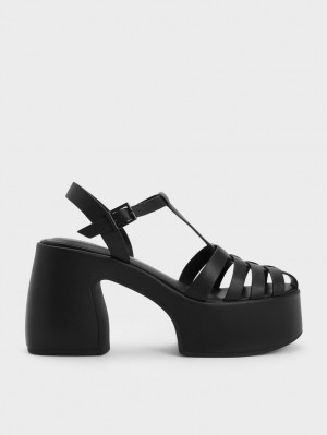 Sandale cu Platforma Charles & Keith Interwoven Platforma Gladiator Negrii | 854YGADCR