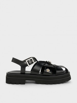 Sandale cu Platforma Charles & Keith Nell Gladiator Floral-Embellished Negrii | 756AQLWKR