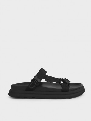 Sandale cu Platforma Charles & Keith Polyester Velcro Curea Sports Negrii | 930RNWPOQ