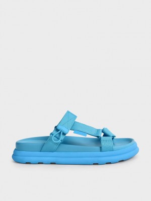 Sandale cu Platforma Charles & Keith Polyester Velcro Curea Sports Albastri | 706EOMUJH