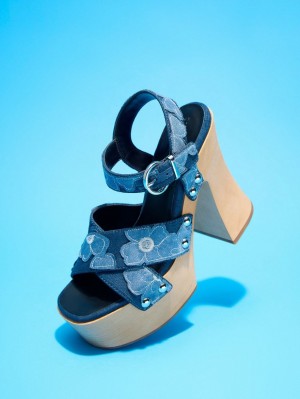 Sandale cu Platforma Charles & Keith Tabitha Floral Denim Crossover Albastri | 542CTNQUJ