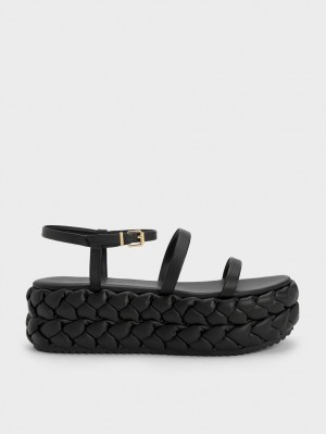 Sandale cu Platforma Charles & Keith Tali Piele Braided Negrii | 963LCBQXS