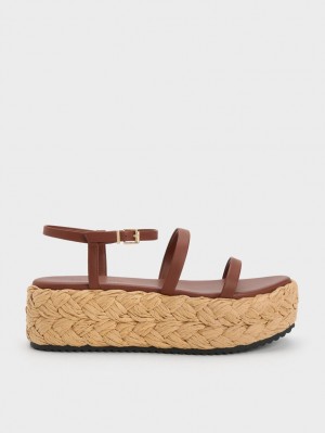Sandale cu Platforma Charles & Keith Tali Piele Braided Maro Inchis | 596OJXTKY